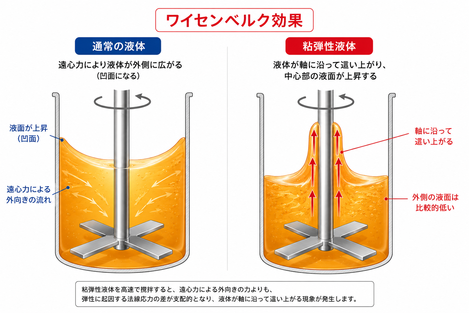 ワイセンベルク効果 ― 通常の液体と粘弾性液体の比較図